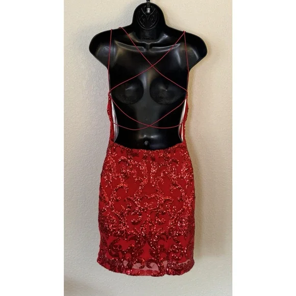 Windsor Red Mini Sparkle Dress Glam Sequin Cocktail Party Love Romantic, M - Picture 3 of 9